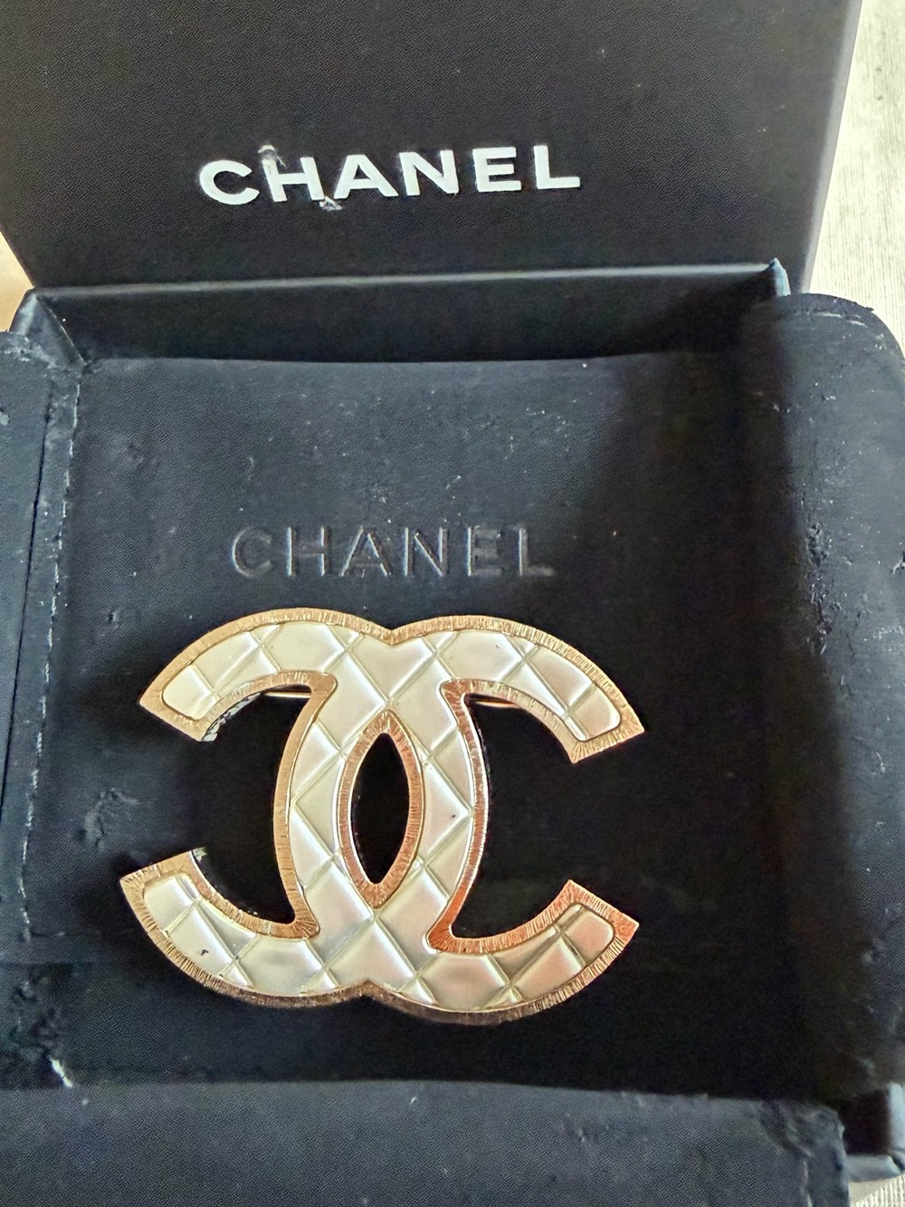 CHANEL Vintage Cream Quilted CC Logo Brooch with Gold Trim